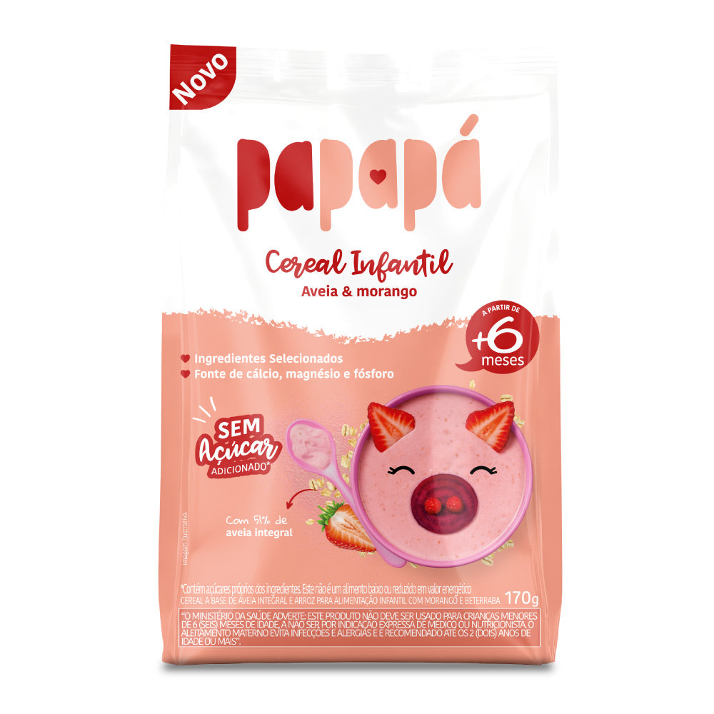 Cereal Infantil Sem Açúcar Aveia e morango SACHE - Papapá 170g
